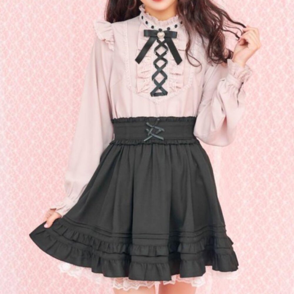 Secret Honey Black Skirt with White Lace and Corset Tie Back